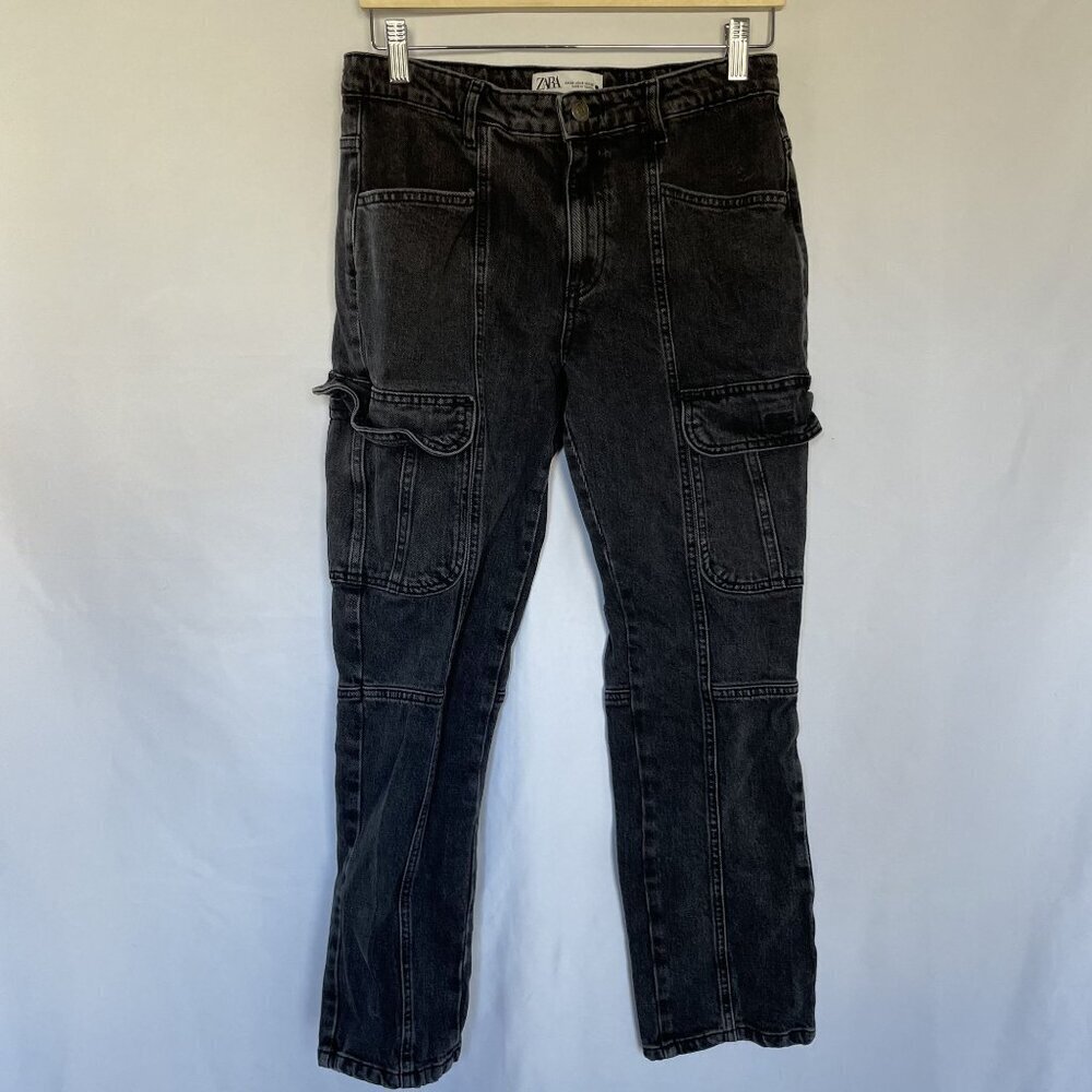 Zara black jeans cargo‎ pants denim many pockets women's size 6 casual boho